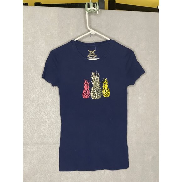 Faded Glory Girls Small 4-6 Navy Pineapple Shimmer T-Shirt Short Sleeve EUC - Picture 1 of 3